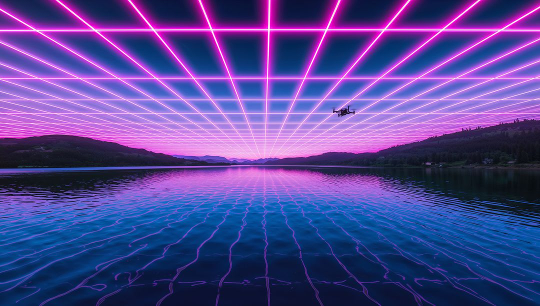 Synthwave Neon Grid Over Lake Reflecting Magenta Glow with Drone at Twilight