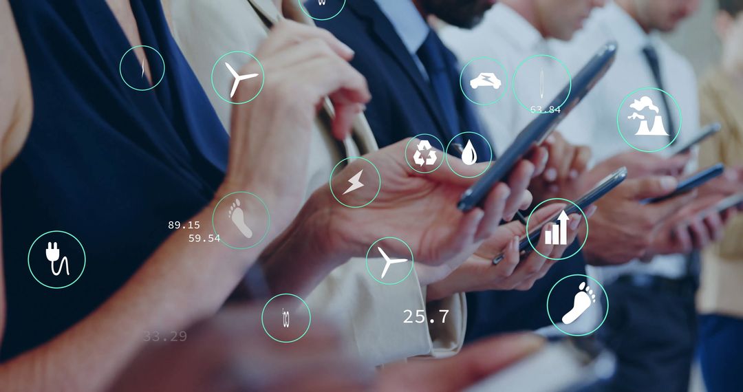 Ecology Icons Over Professionals Using Smartphones