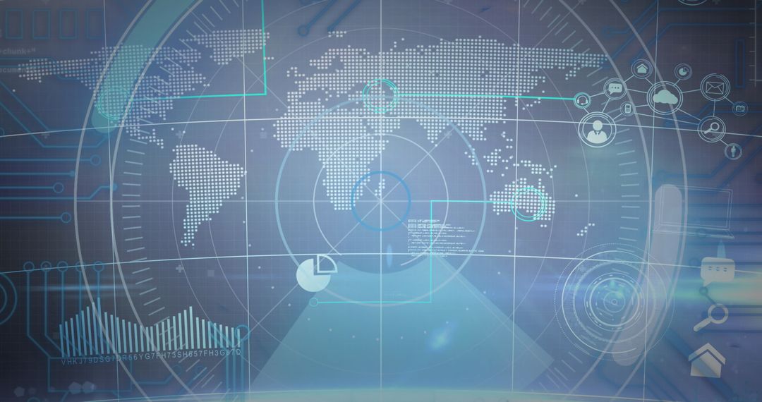 Futuristic interface with world map and digital data charts