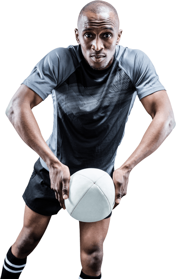 Rugby Player Holding Ball with Intent Grit on Transparent Background