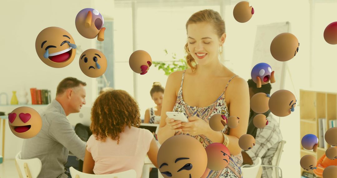 Smiling Woman Using Smartphone in Collaborative Office