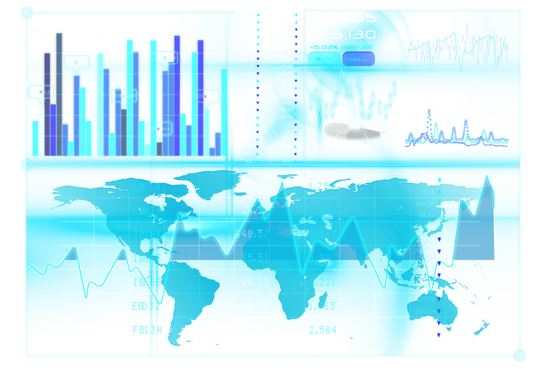 Digital Blue Data Analysis Charts with World Map on Transparent Background
