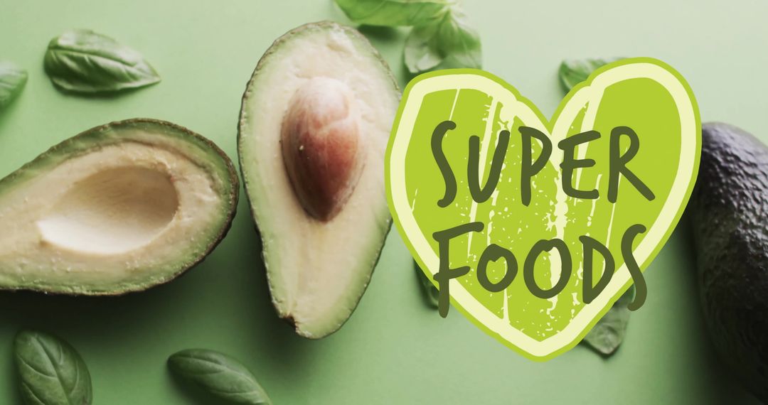 Avocado and Basil with Superfoods Text on Green Heart