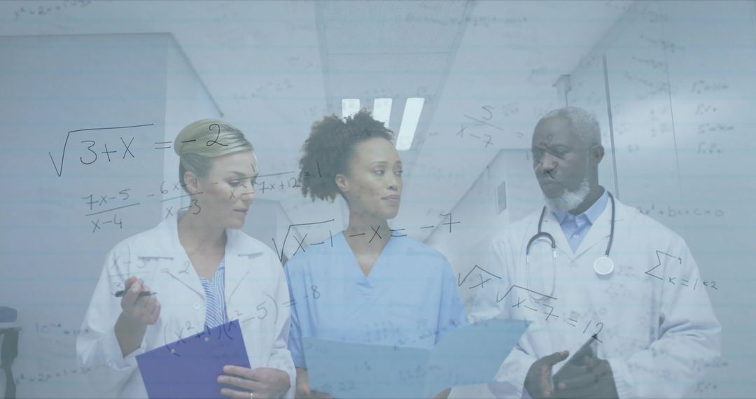 Medical team collaborating over transparent whiteboard with formulas in hospital corridor