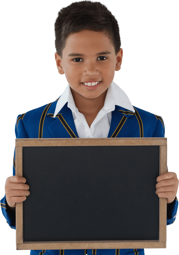 Transparent Portrait of Cheerful Schoolboy Holding Blank Slate