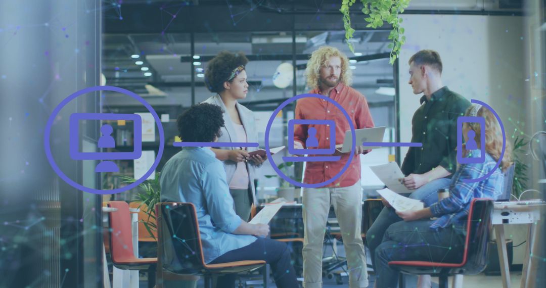 Diverse Team Collaborating with Network Icons in Modern Office
