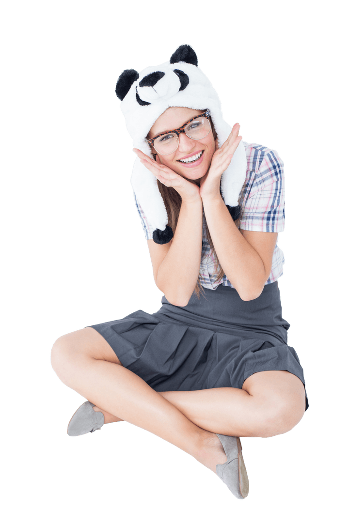Geeky Girl with Panda Hat on Transparent Background