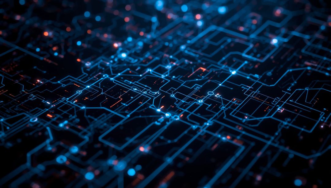 Futuristic Circuit Board with Glowing Connective Nodes and Paths