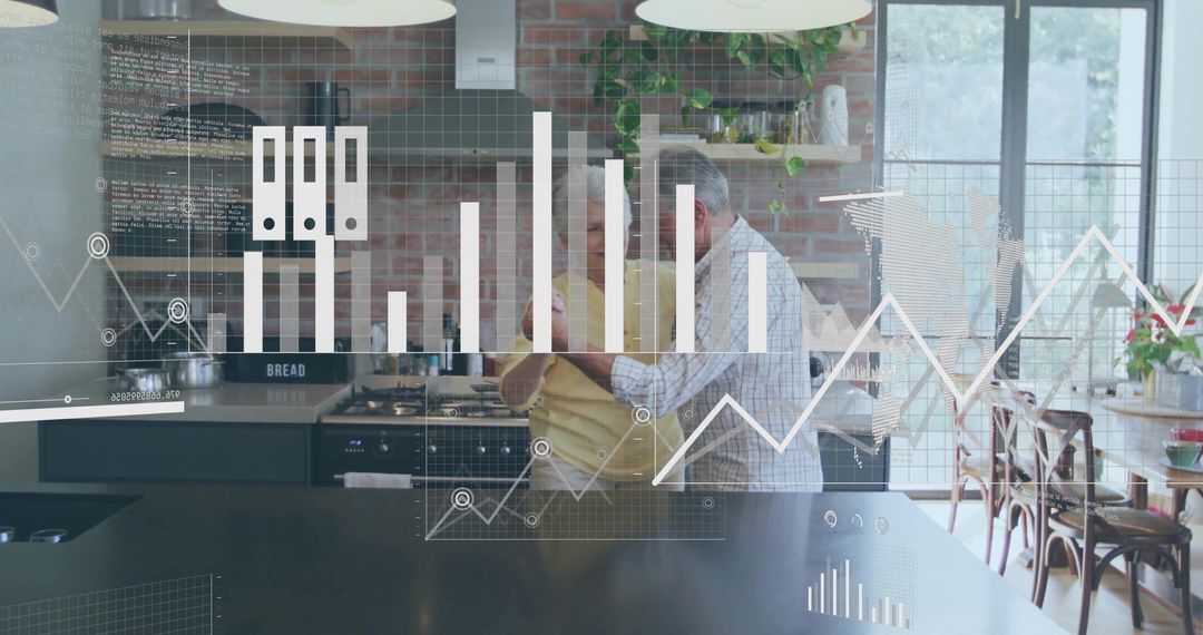 Senior couple holding hands at modern kitchen island with data analytics overlay