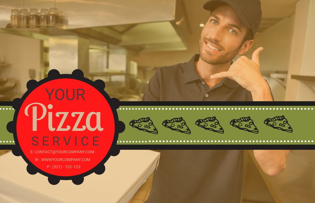 Pizza Service Promotion with Cheerful Chef Making Call Me Sign