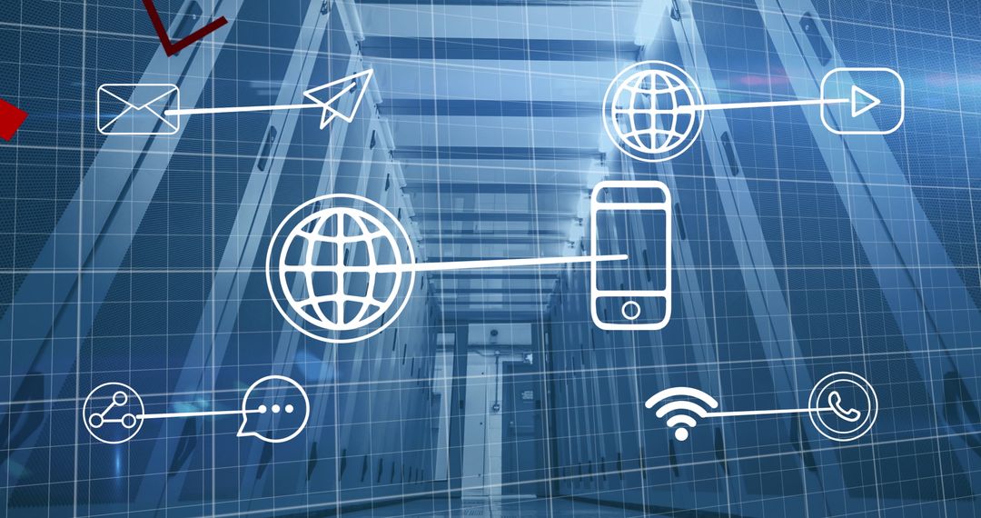 Digital Icons Overlaying Modern Server Room Infrastructure