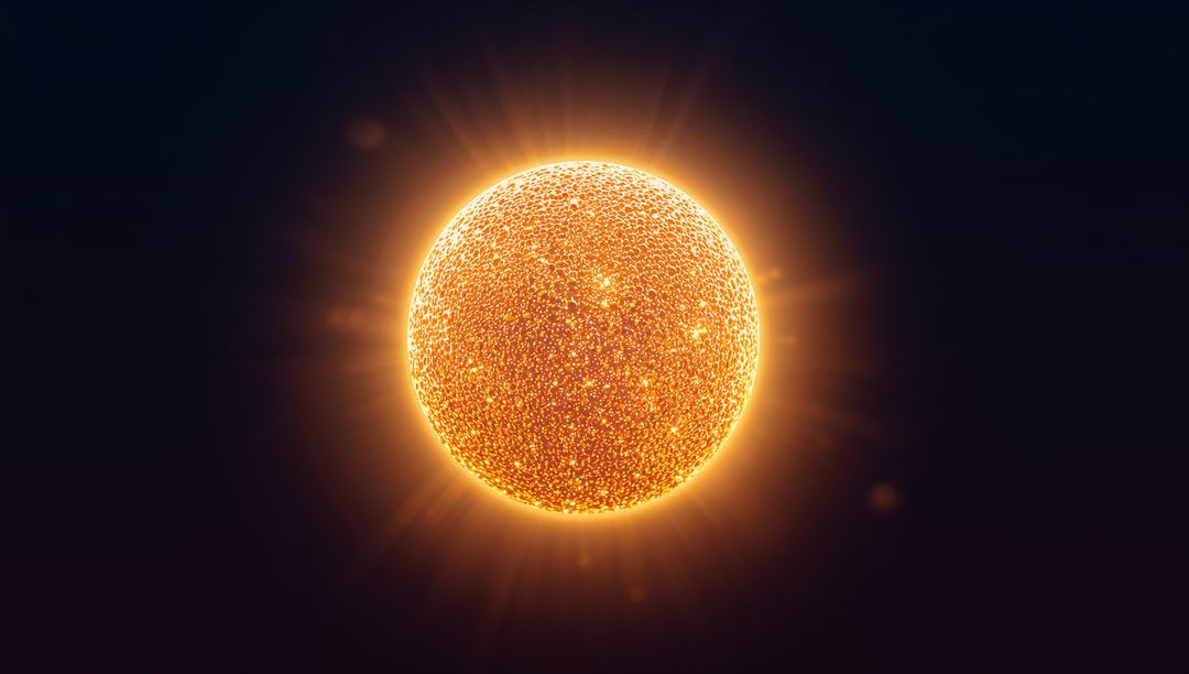 Sunlike Orb Emitting Golden Corona, Granular Plasma Texture and Radial Light Rays