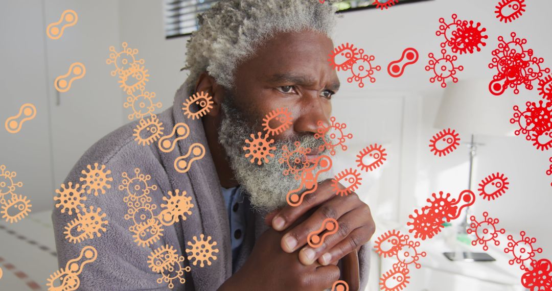 Thoughtful Senior Man with Abstract Virus Overlay Symbolizing Health Concerns