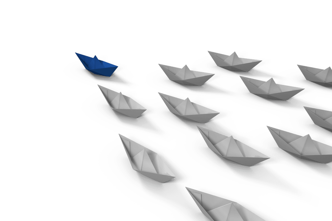 Blue Paper Boat Leading White Boats on Transparent Water Path