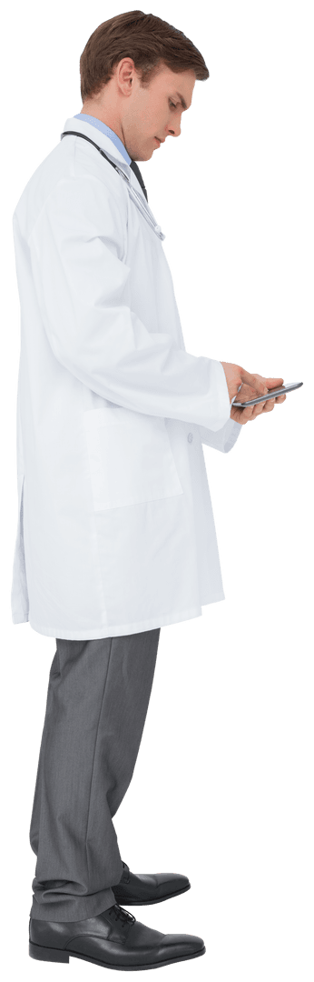 Transparent Side View of Doctor Using Tablet for Work