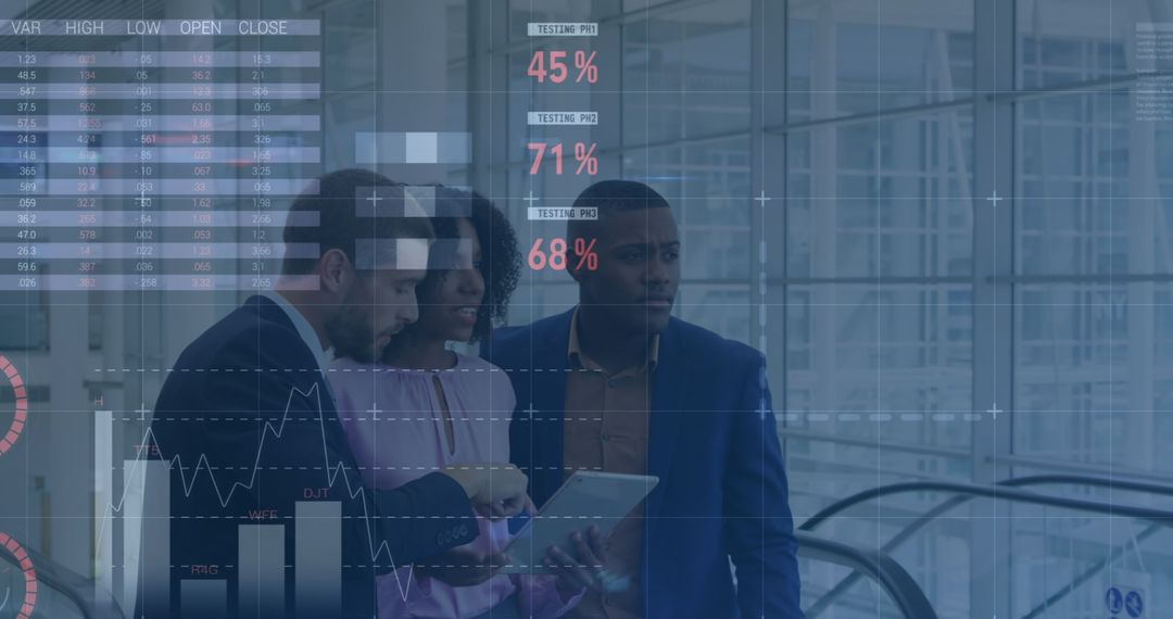 Diverse Team Analyzing Augmented Financial Data in Modern Office