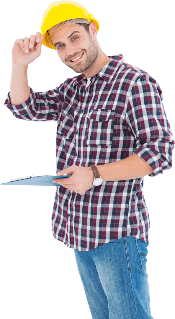 Smiling Male Construction Worker with Clipboard on Transparent Background