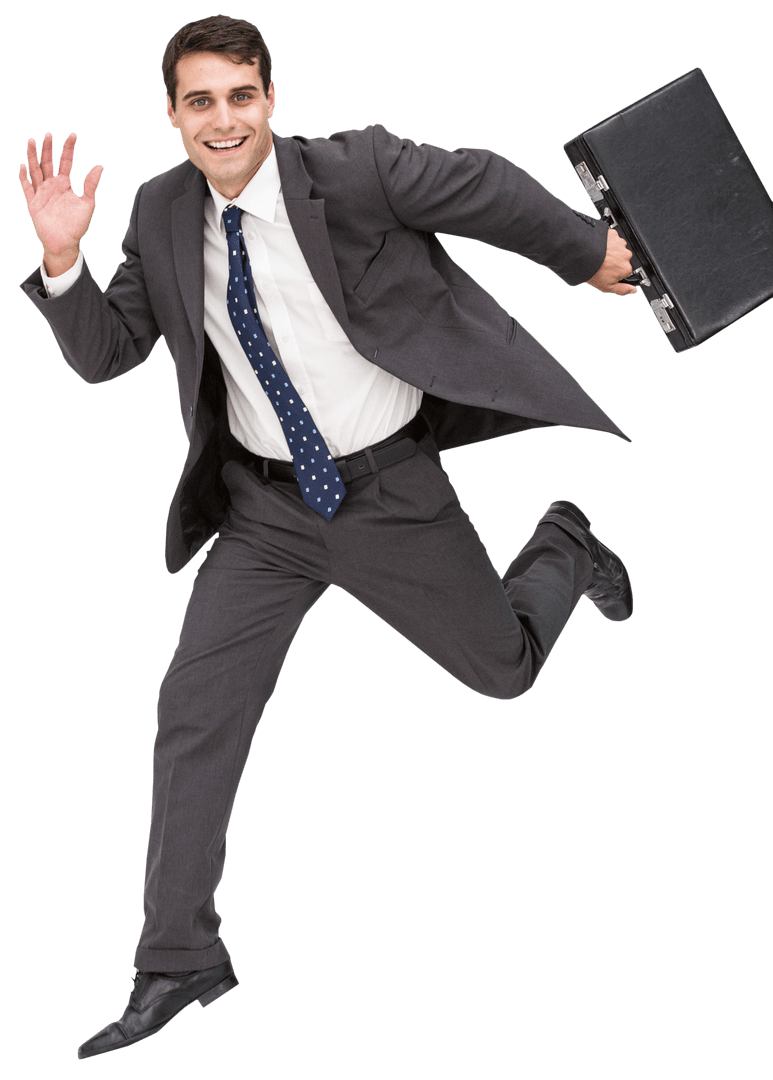 Transparent Cheerful Businessman in Suit Rushing with Briefcase