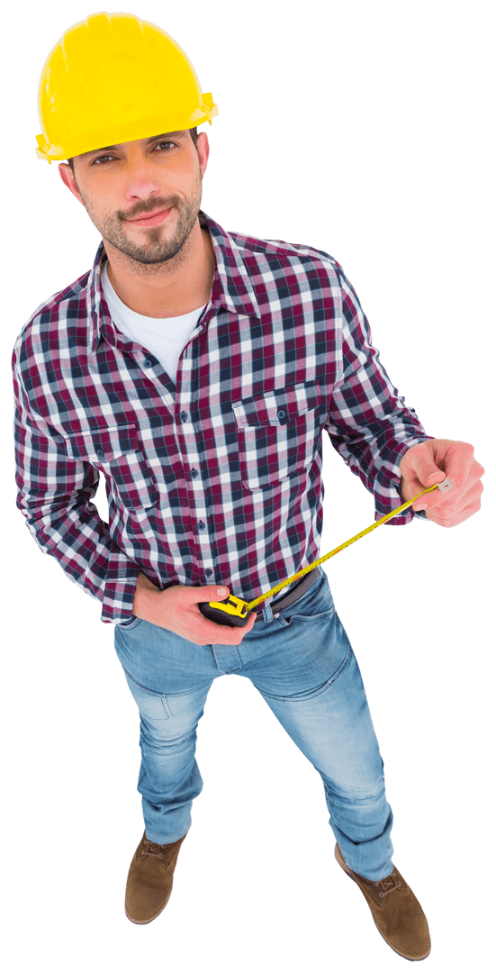 Transparent Handyman Holding Tape Measure with Confidence