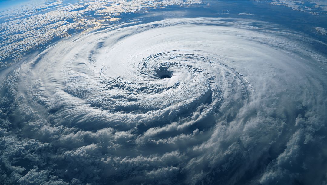 Spinning Hurricane Eye Over Ocean From Orbital View Revealing Dense Spiral Cloud Bands