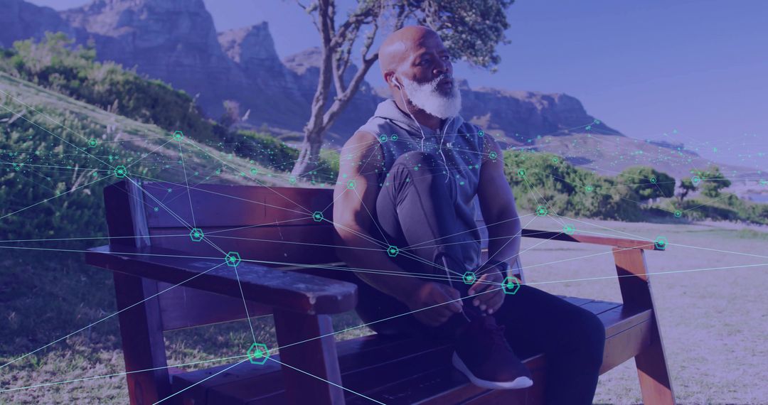Senior man tying running shoes on bench with earbuds and digital fitness network overlay