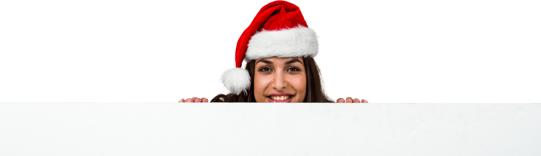 Smiling Woman in Santa Hat Behind Transparent Banner
