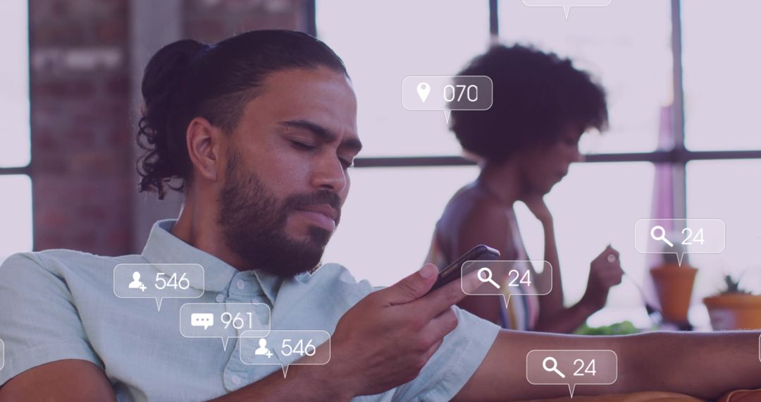 Man Engaging with Social Media Profiles and Notifications