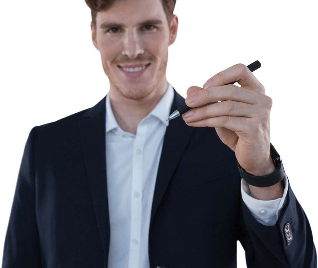 Confident Businessman Writing Transparent Note with Stylus