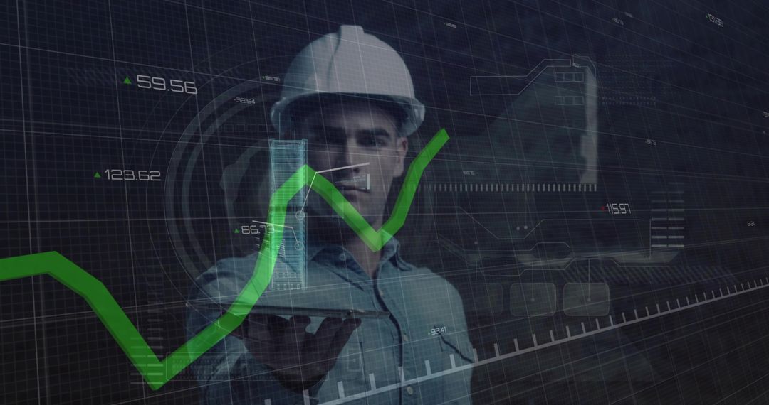 Engineer Holding Holographic Building Model with Rising Green Data Graph in AR Interface