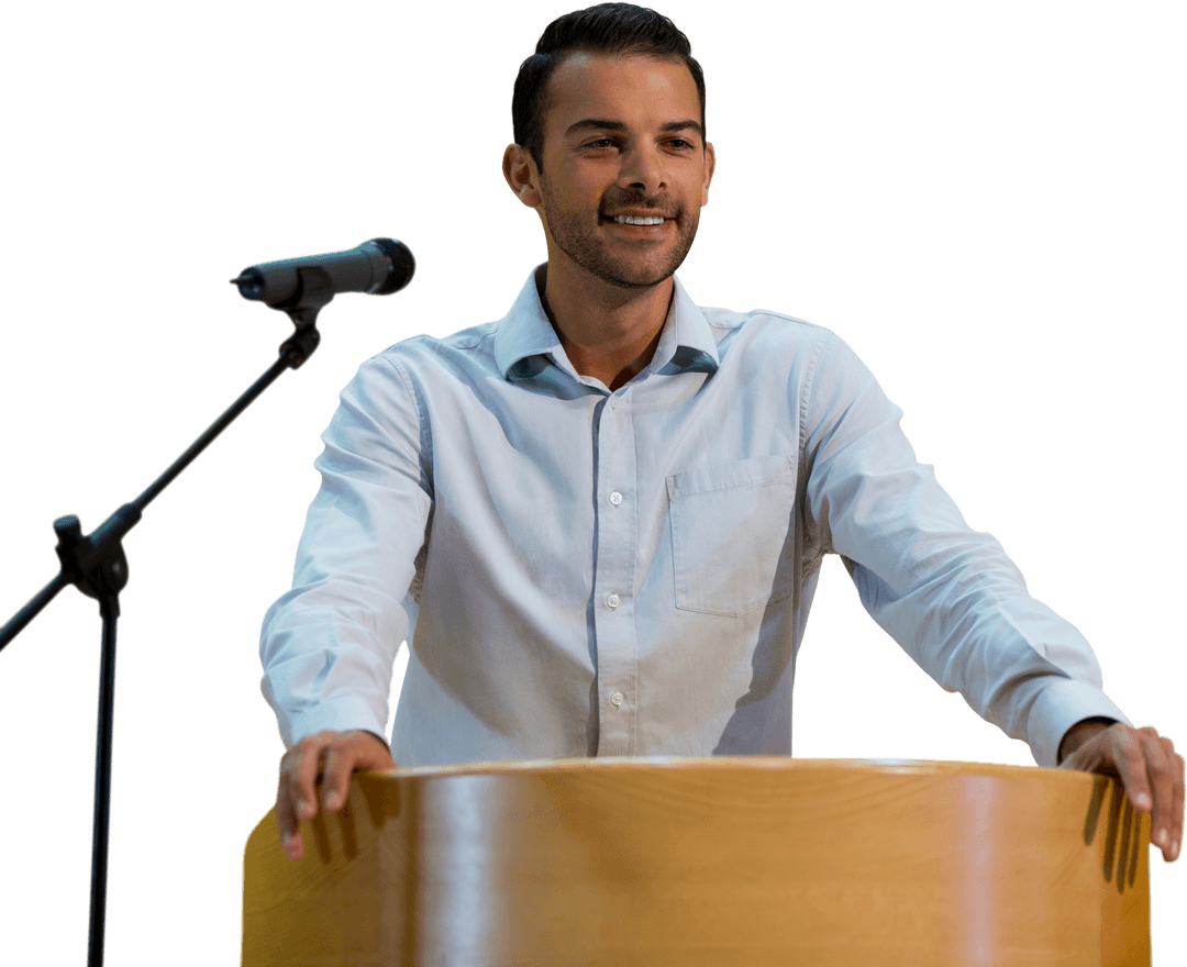 Transparent Confident Businessman Delivering Speech at Podium