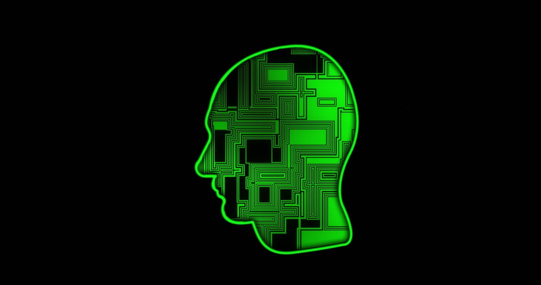 Green Circuit Board Head on Black Symbolizes AI and Data Processing