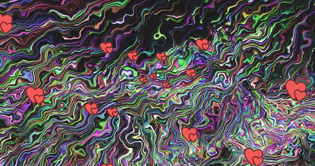 Vibrant Abstract with Floating Hearts in Colorful Waves