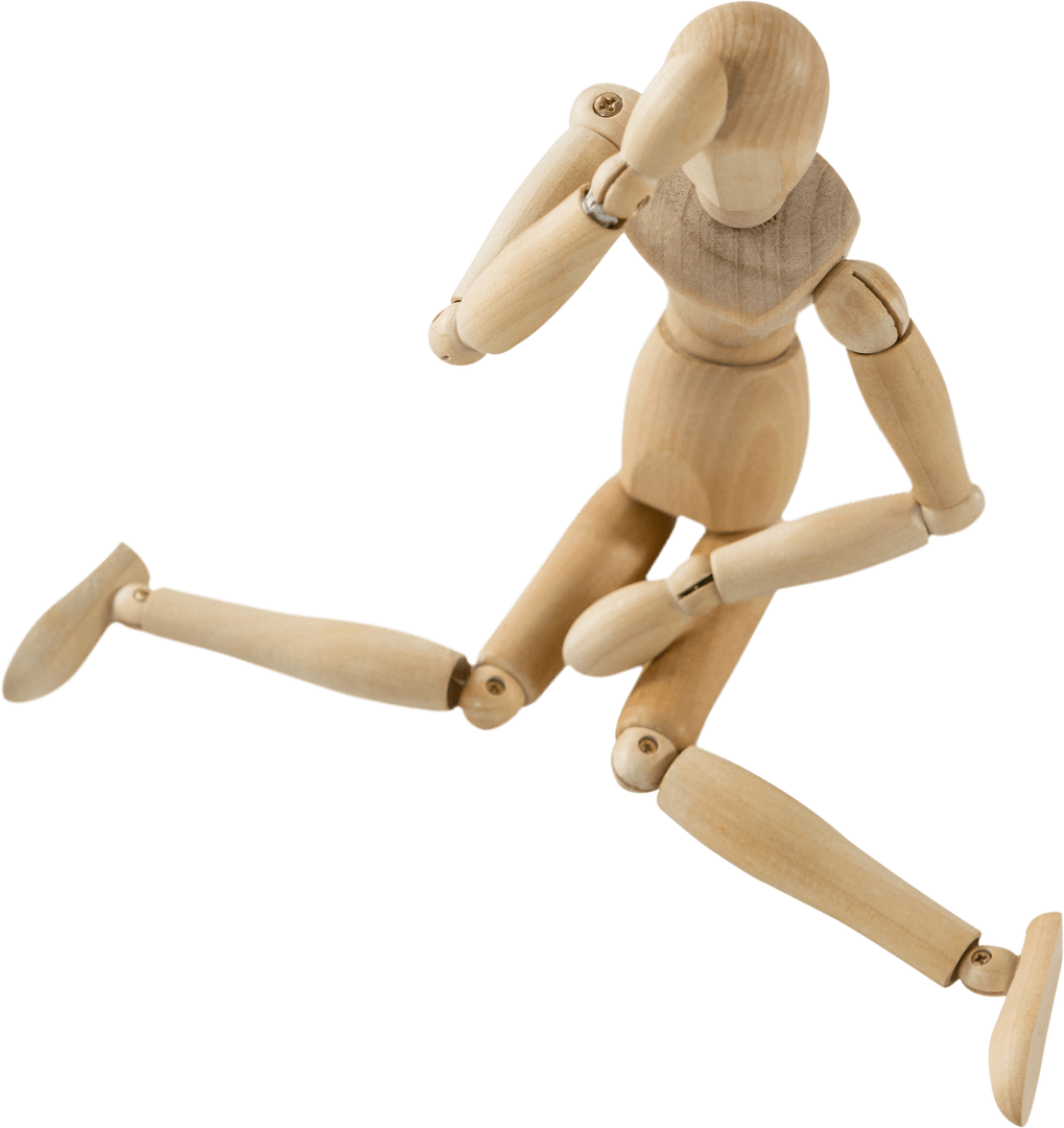 Wooden Art Mannequin In Contemplative Pose, Transparent Background