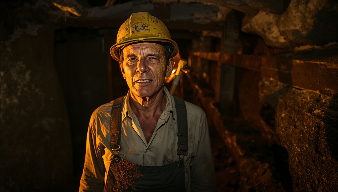 Hispanic Miner Inspecting Mine Tunnel in Yellow Hard Hat and Bib Overalls under Amber Light