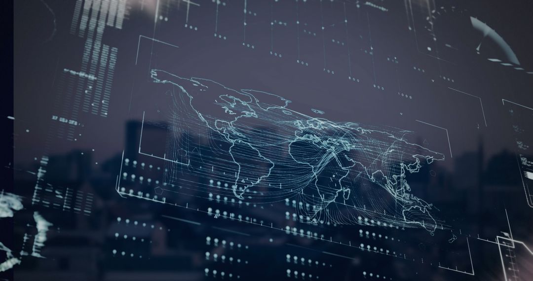 Digital World Map Hologram Overlaying Urban Skyline