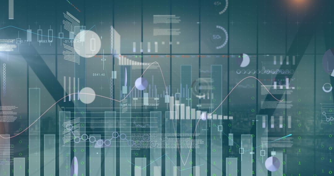 Abstract Data and Financial Graphs Over City Background