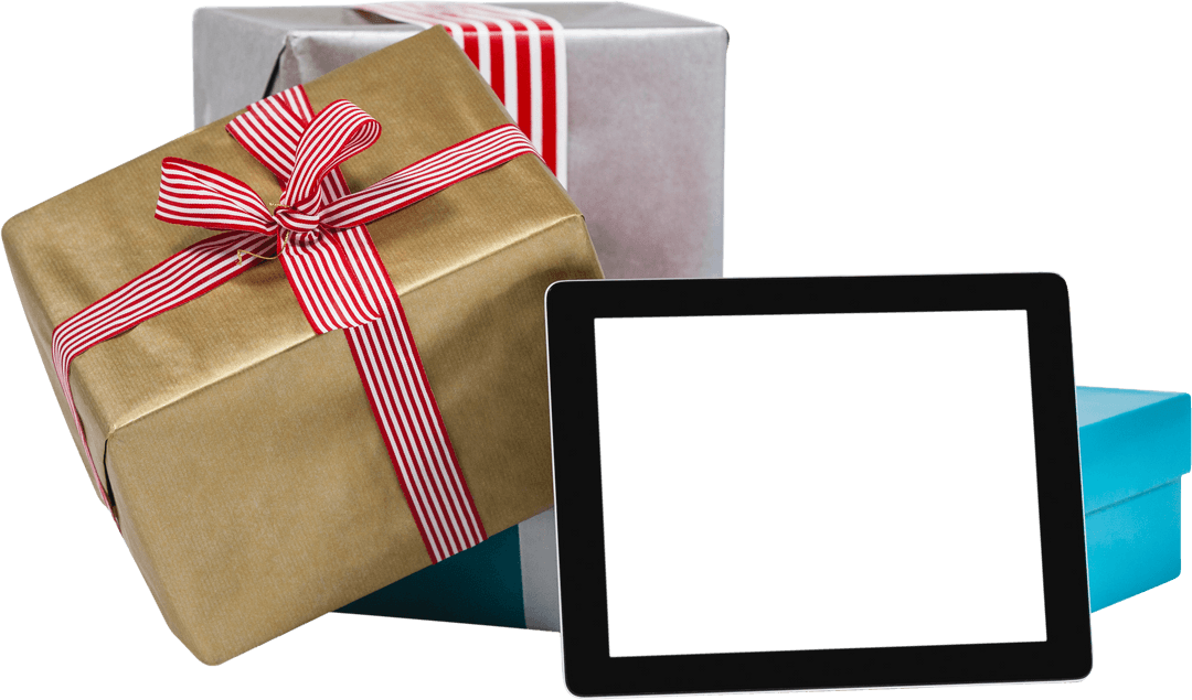 Transparent Lineup of Wrapped Presents and Digital Device for Festive Designs