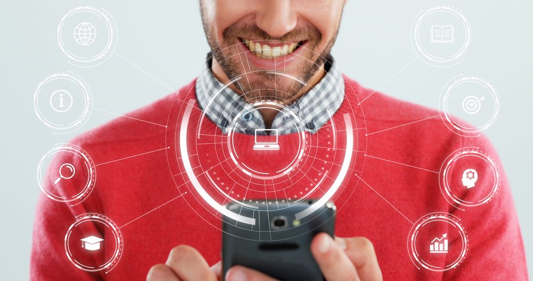 Man using futuristic smartphone with holographic icons in front of him - Free Images, Stock Photos and Pictures on Pikwizard.com