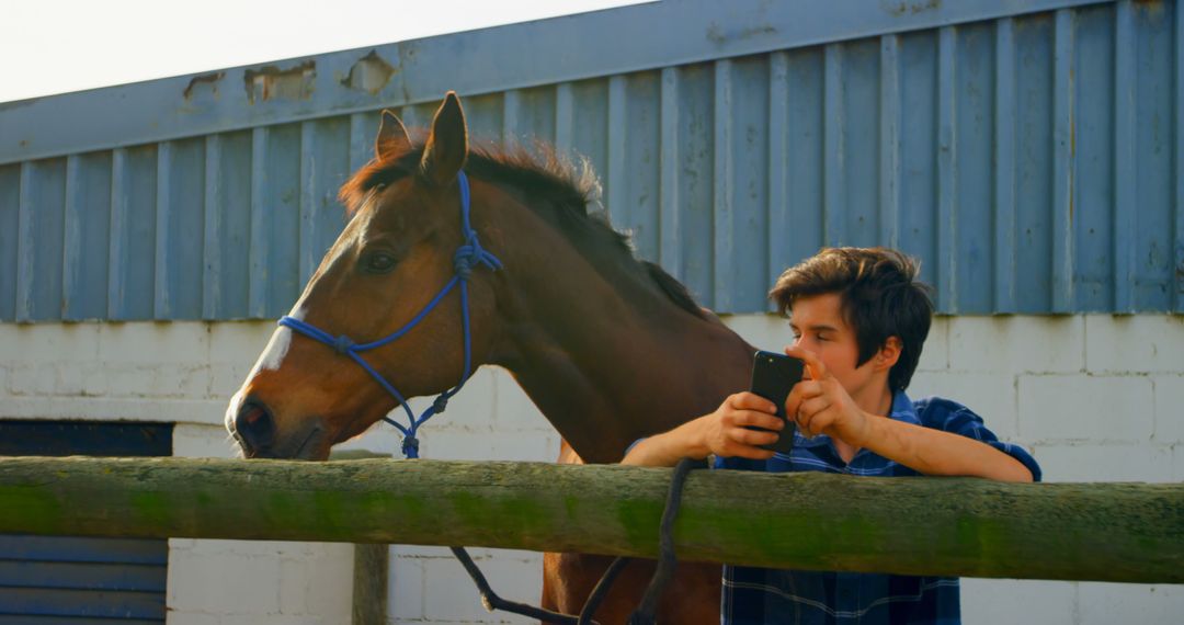 Young Man Using Smartphone Beside Horse in Paddock - Free Images, Stock Photos and Pictures on Pikwizard.com