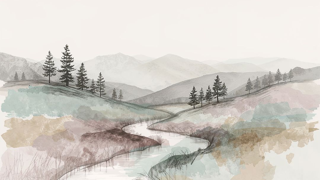 Tranquil Watercolor Landscape with Rolling Hills and Pine Trees