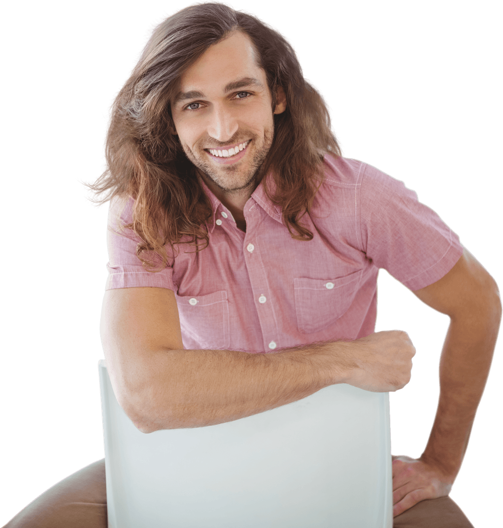Smiling Male Hipster Sitting Easily on Chair in Office Transparent Background