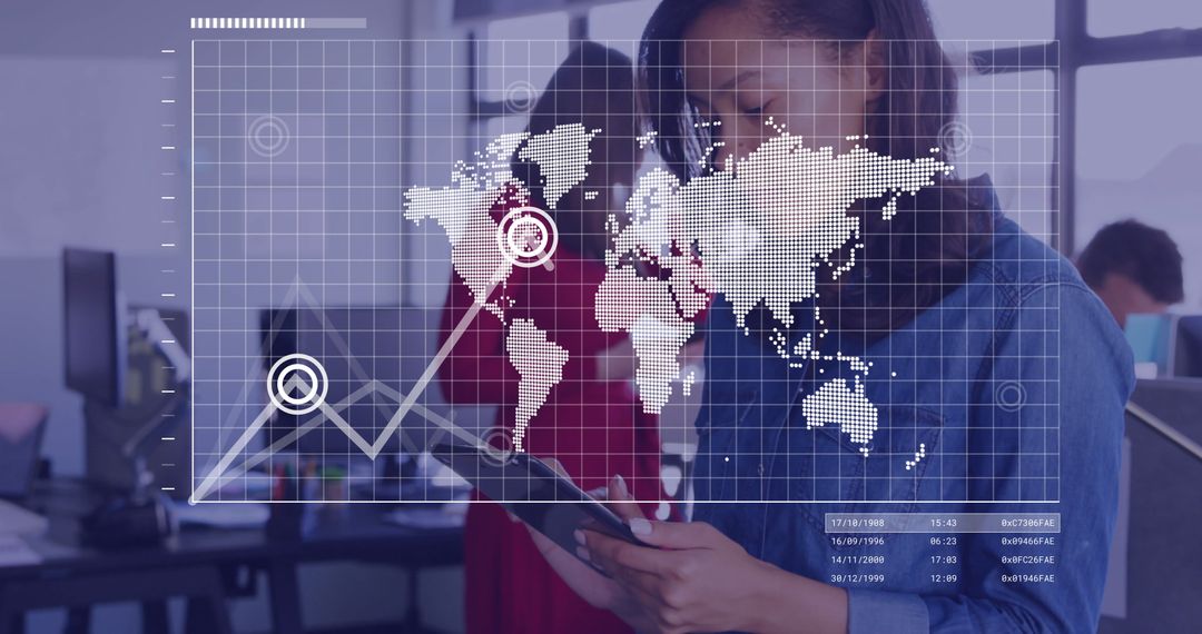 Businesswoman Analyzing Data on Smartphone with World Map Overlay