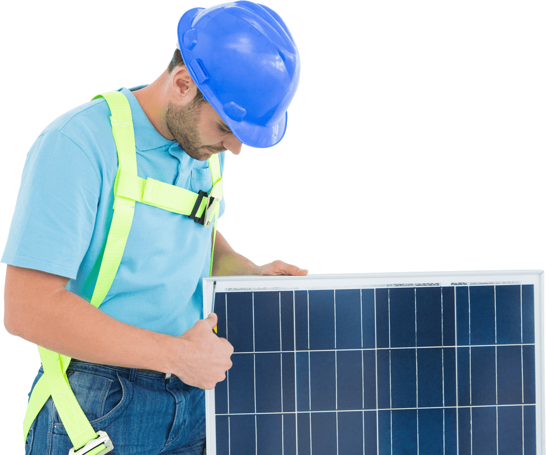 Construction Worker Installing Transparent Solar Panel with Helmet and Harness