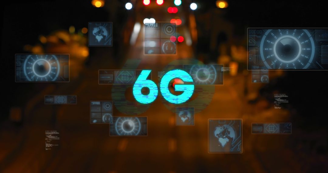 6G Technology Overlay on Blurred Traffic Scene with Digital Elements