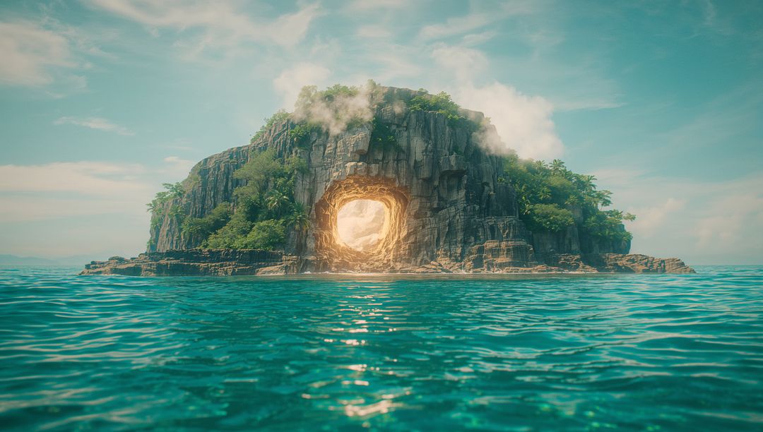 Mysterious Island with Glowing Cave in Turquoise Waters