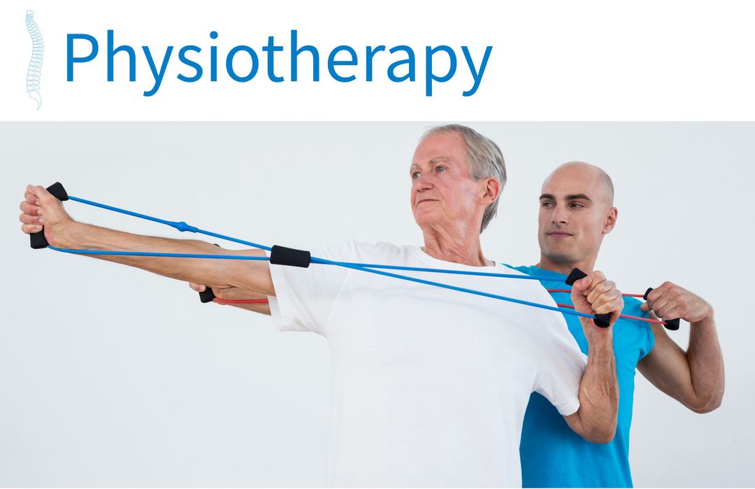 Elderly Man Doing Resistance Band Exercise with Physio Session