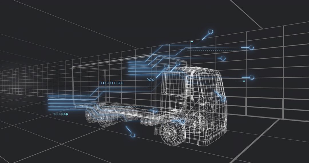 Wireframe Truck Telematics Visualization with Holographic Neon Data Streams in 3D Grid