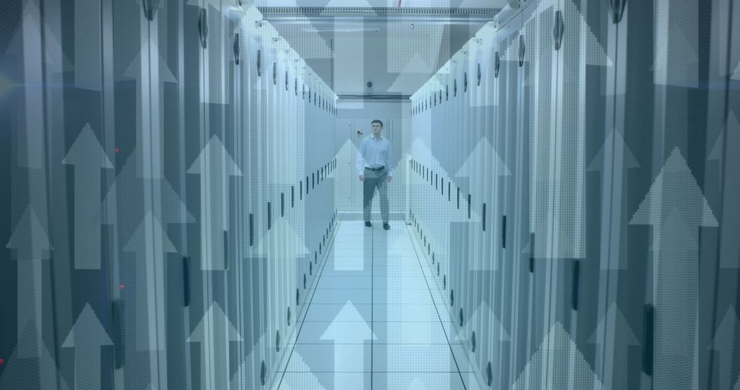 Businessman in Server Room with Digital Growth Arrows