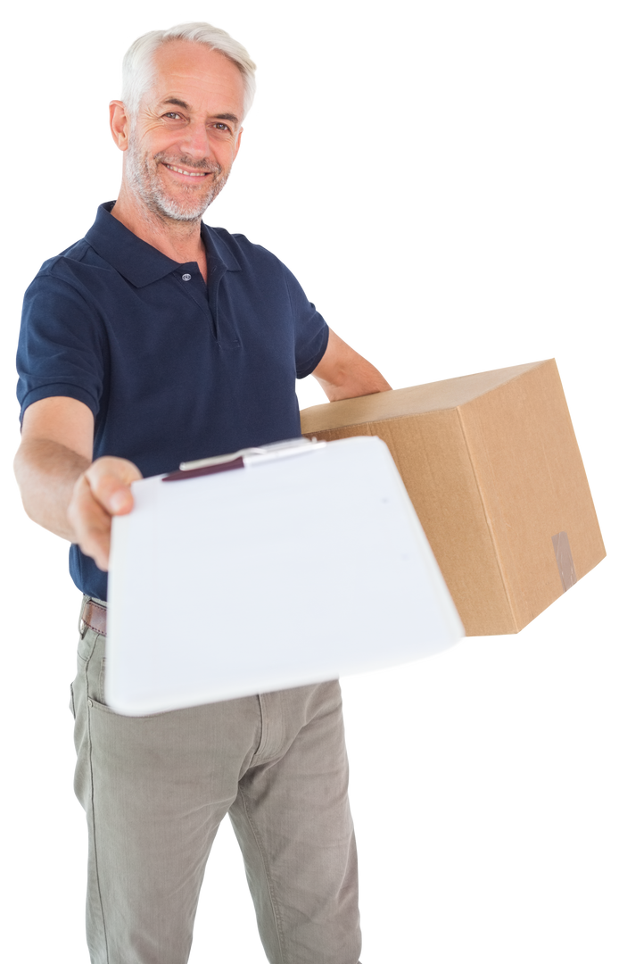 Happy Delivery Man Offering Box and Clipboard Transparent Background - Download Free Stock Images Pikwizard.com