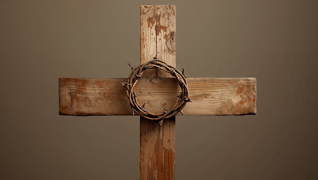 Weathered Wooden Cross with Crown of Thorns for Spiritual Reflection
